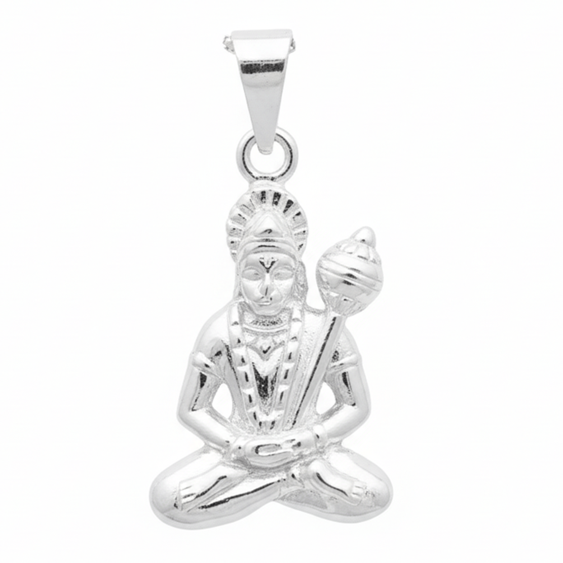 Seated Hanuman Pendant - Lord Hanuman holding mace in meditation posture with polished silver finish