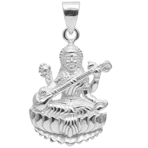 Saraswati Goddess Lotus Pendant - Sterling Silver Hindu Deity Pendant with Veena and Ornate Lotus Base