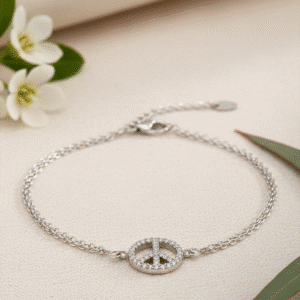 Peace symbol CZ bracelet with sparkling stones and adjustable double chain