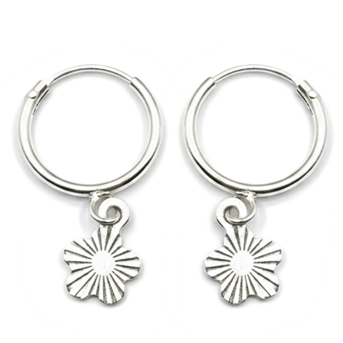 MJER0311 1 Shell fan charm hoops with ornate radiating design in polished finish