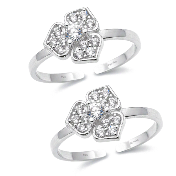 Floral CZ embellished open toe ring pair with cubic zirconia stones