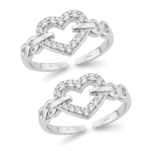 CZ heart infinity toe rings pair with adjustable fit cubic zirconia stones