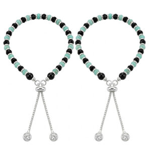 Turquoise Beads Baby Hand Bracelets Pair - Adjustable Silver Kids Bracelets