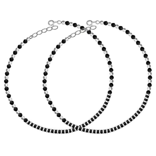 Adjustable silver nazariya anklet with black beads